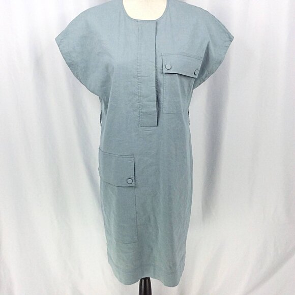 Theory Short Sleeve Utility Dress Womens Size 8 Eggshell Blue MISSING BELT STAIN - Picture 1 of 14